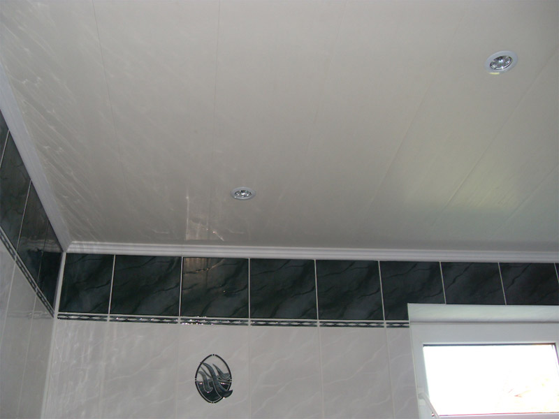Plafond gemaakt van PVC-panelen gemonteerd in de badkamer